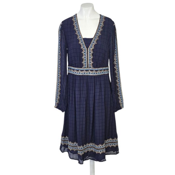 Boden Embroidered V-Neck Midi Dress, Navy, Long Sleeve, Feminine, Size 2 - Picture 1 of 10